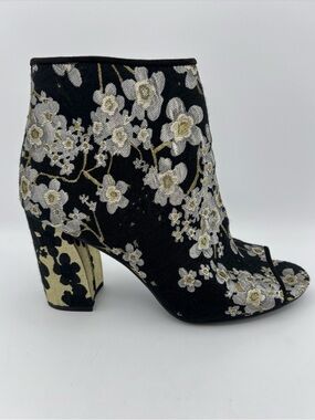 Nine West Black Floral Embroidered Open-Peep Toe Ankle Boot